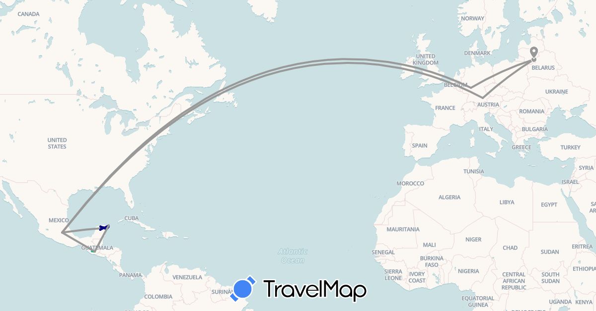 TravelMap itinerary: driving, bus, plane, boat in Germany, Guatemala, Lithuania, Mexico (Europe, North America)